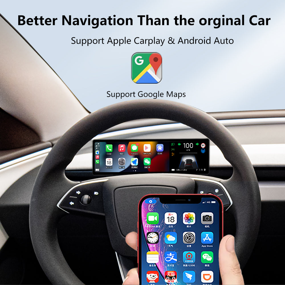 Schermo cruscotto con videocamera anteriore supporto a CarPlay e Android Auto - Tesla Model 3 e Model Y